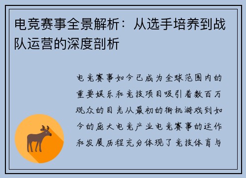 电竞赛事全景解析：从选手培养到战队运营的深度剖析
